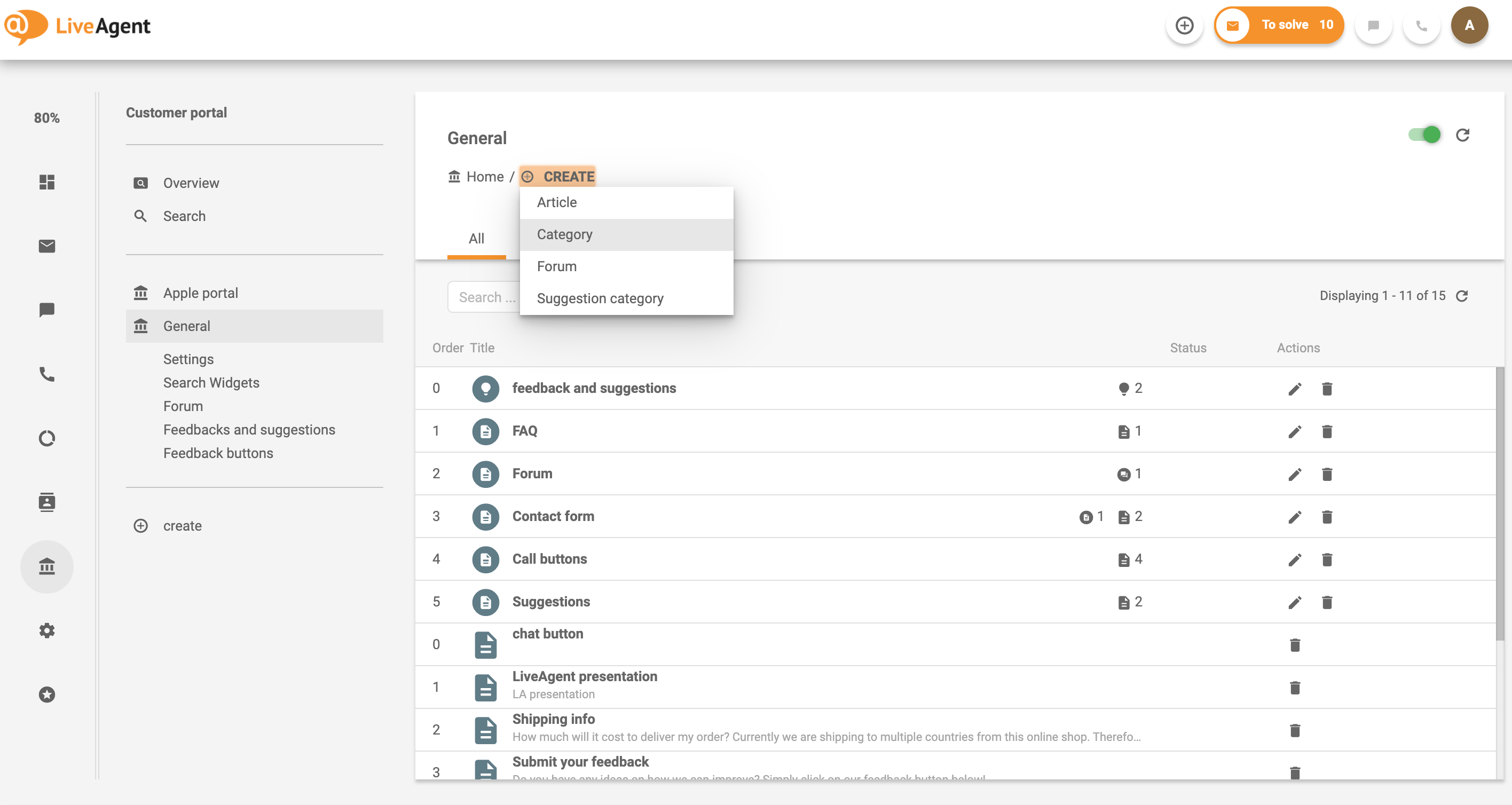 Kategorijas izveides piemērs klientu portālam LiveAgent zināšanu bāzes sistēmā