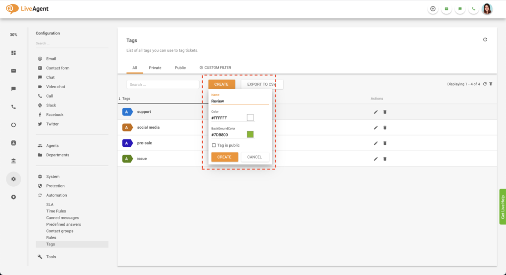 LiveAgent birkas izveides funkcija