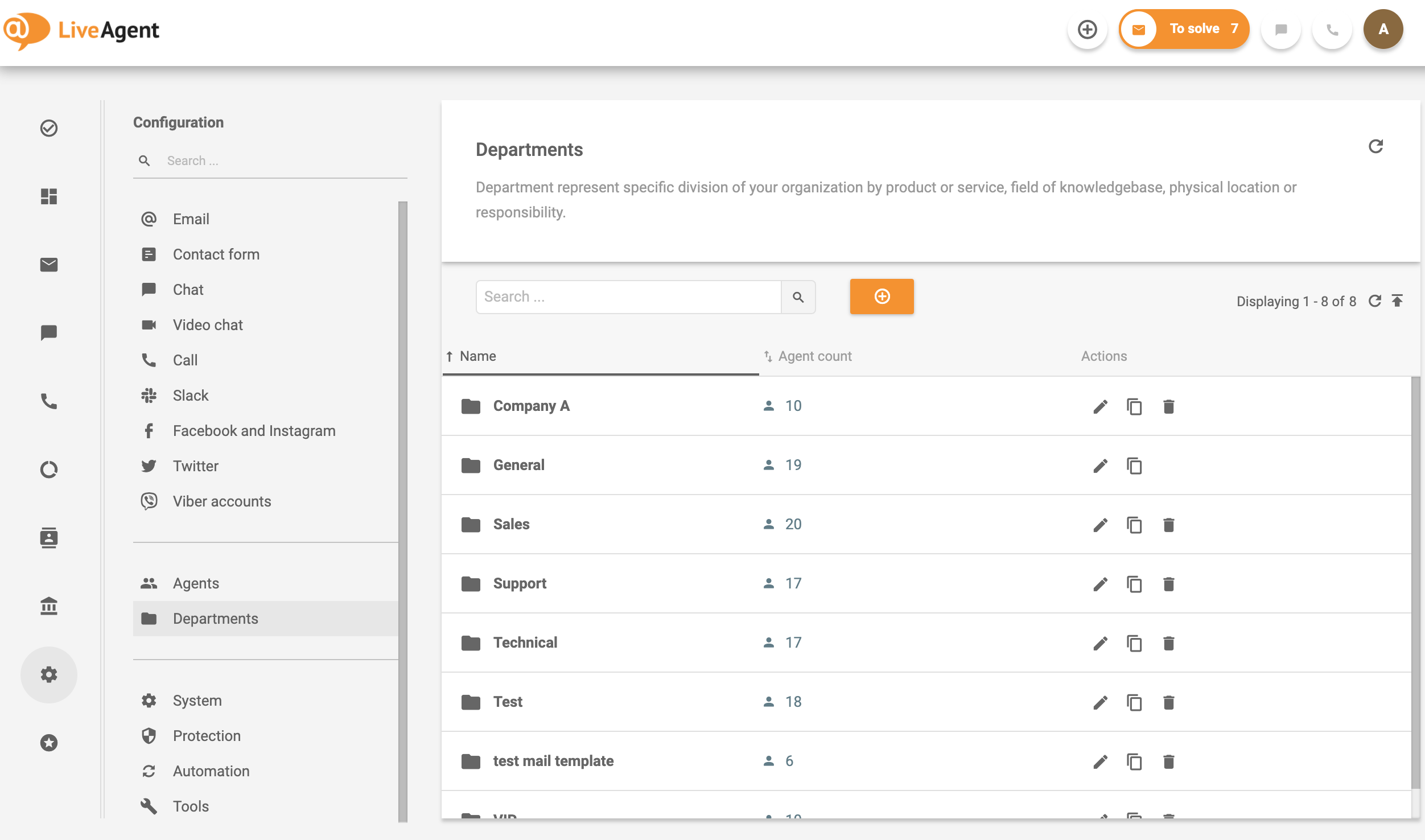 Departamenti programmā LiveAgent