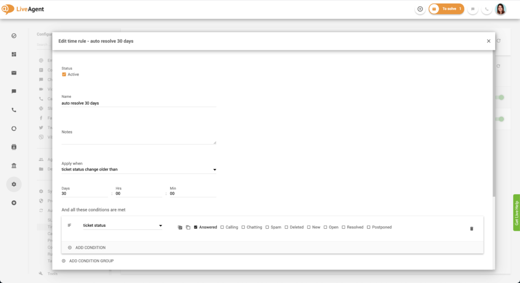 Laika noteikuma rediģēšana LiveAgent