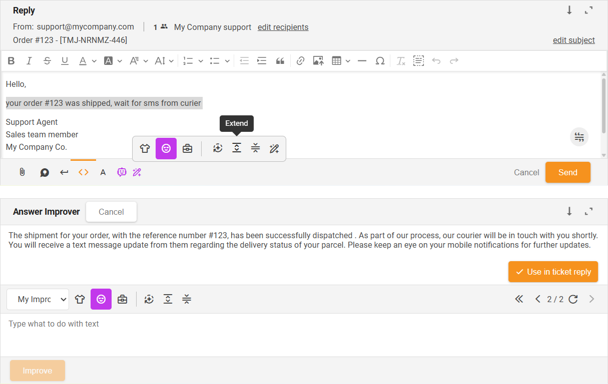 Paplašināšanas funkcija AI atbilžu uzlabošanas rīks — saskarnes pārskats
