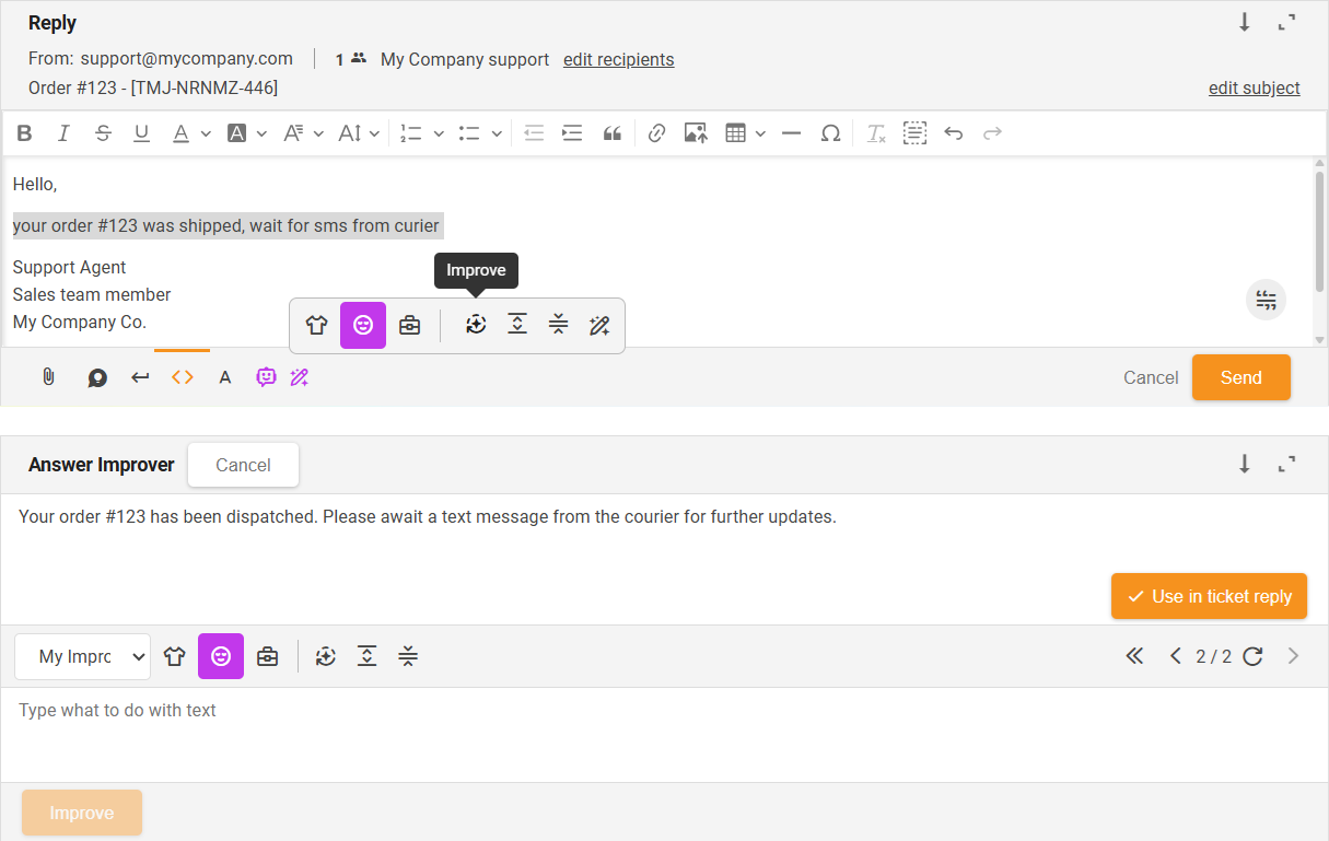 Uzlabošanas funkcija AI atbilžu uzlabošanas rīks — saskarnes pārskats