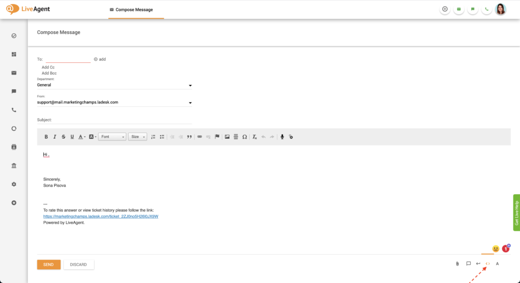 HTML redaktora poga LiveAgent