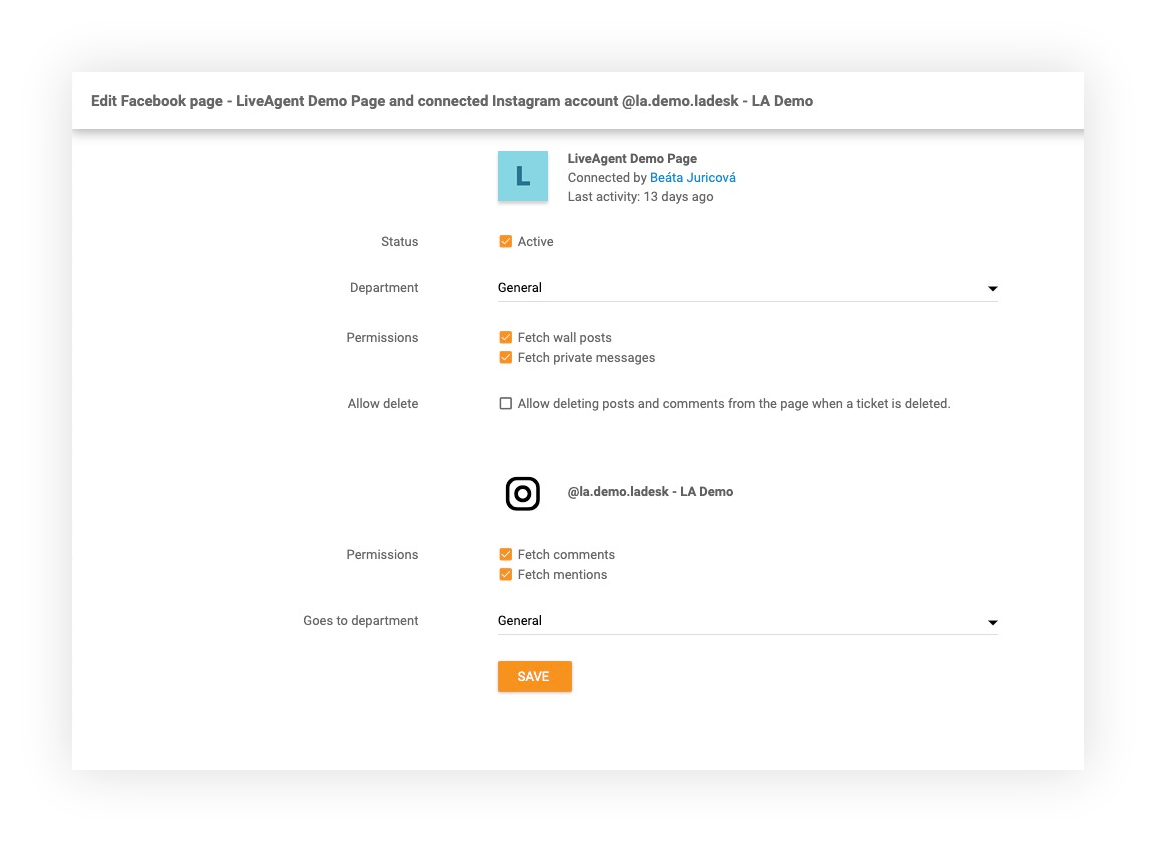 Instagram funkcija LiveAgent