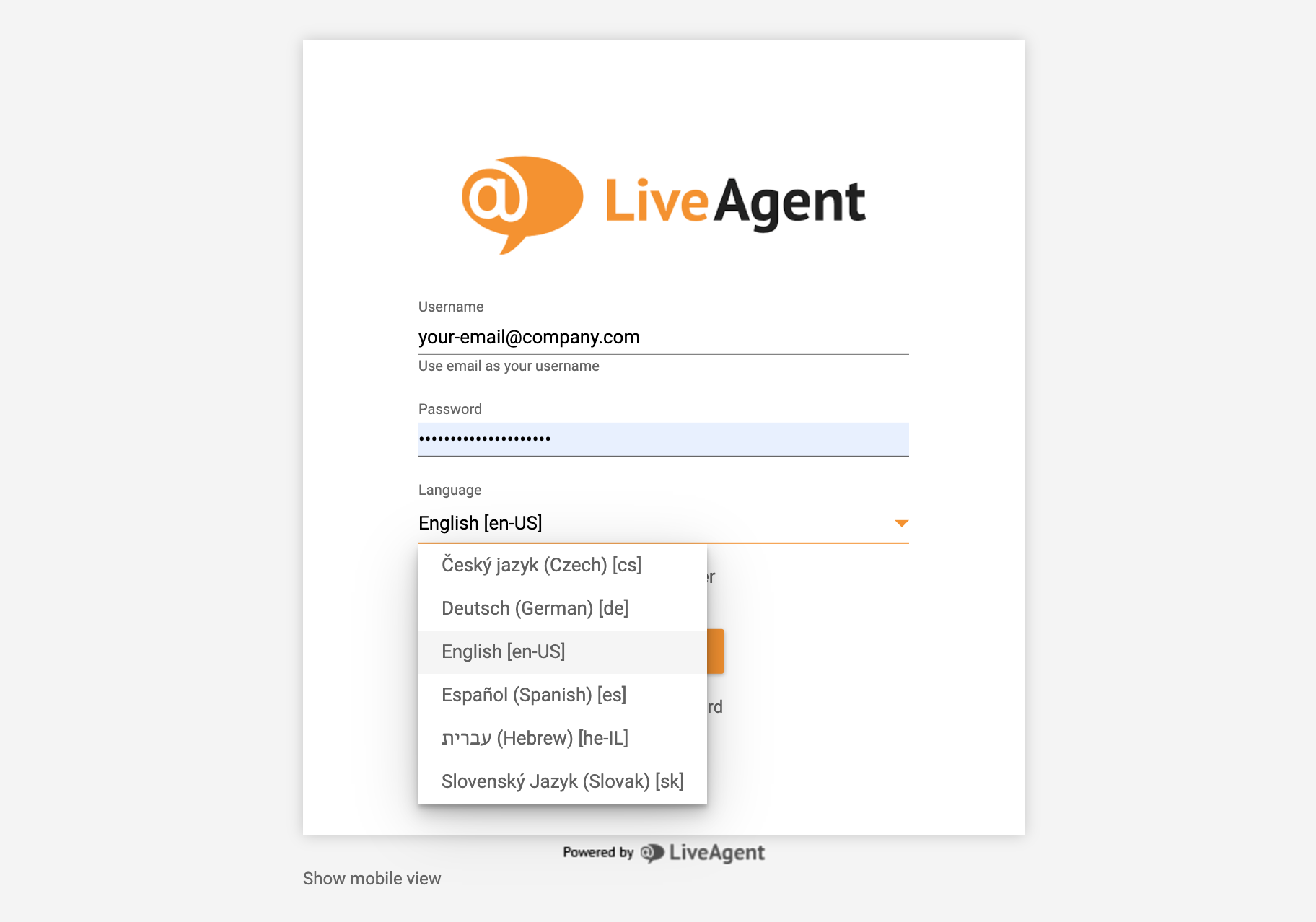 LiveAgent pierakstīšanās - valodas izvēle