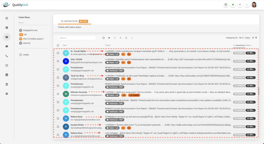 LiveAgent spam e-pastu filtrēšana