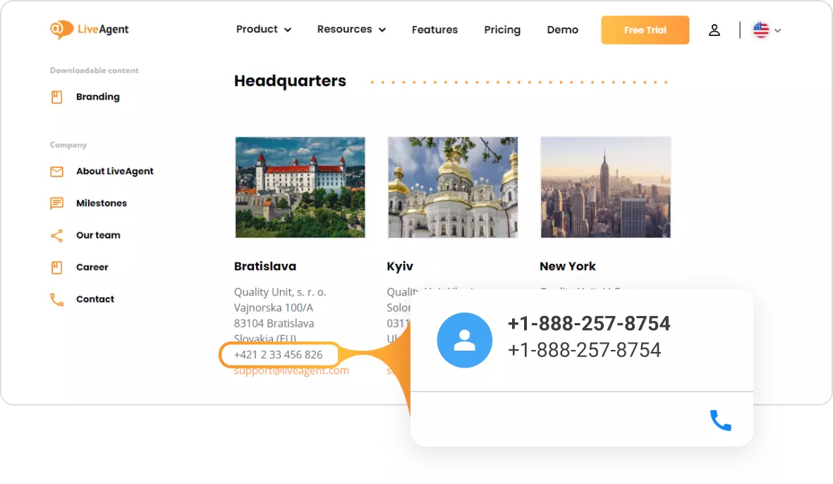 LiveAgent noklikšķināt uz zvanu kontaktkarte
