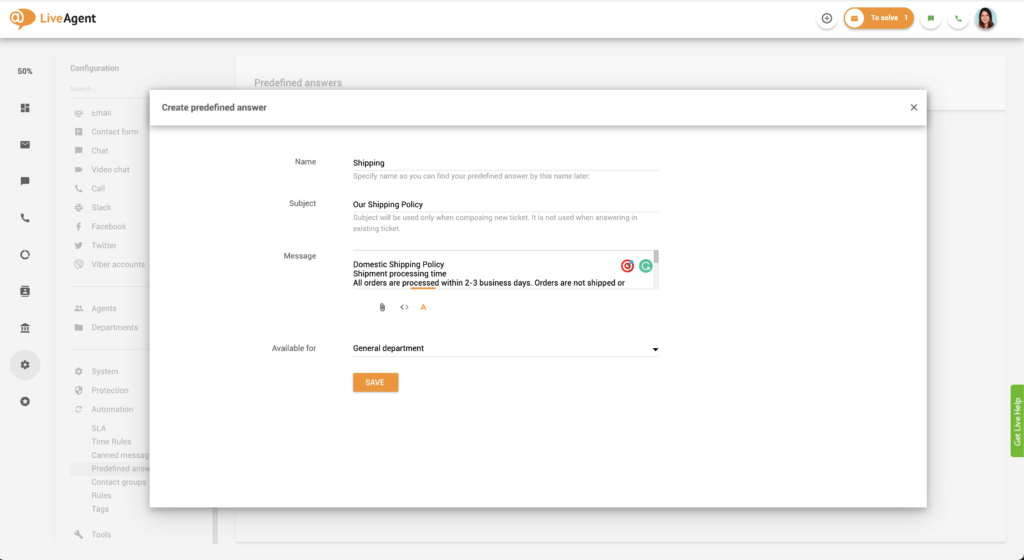 Iepriekš definēto atbilžu iestatīšana LiveAgent