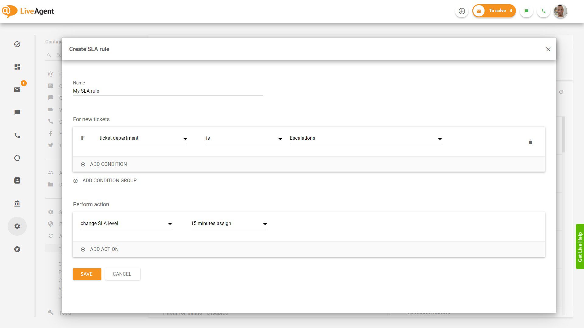 SLA noteikuma izveide LiveAgent