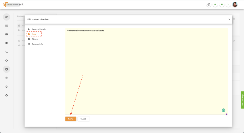 Saglabāt kontakta piezīmi LiveAgent