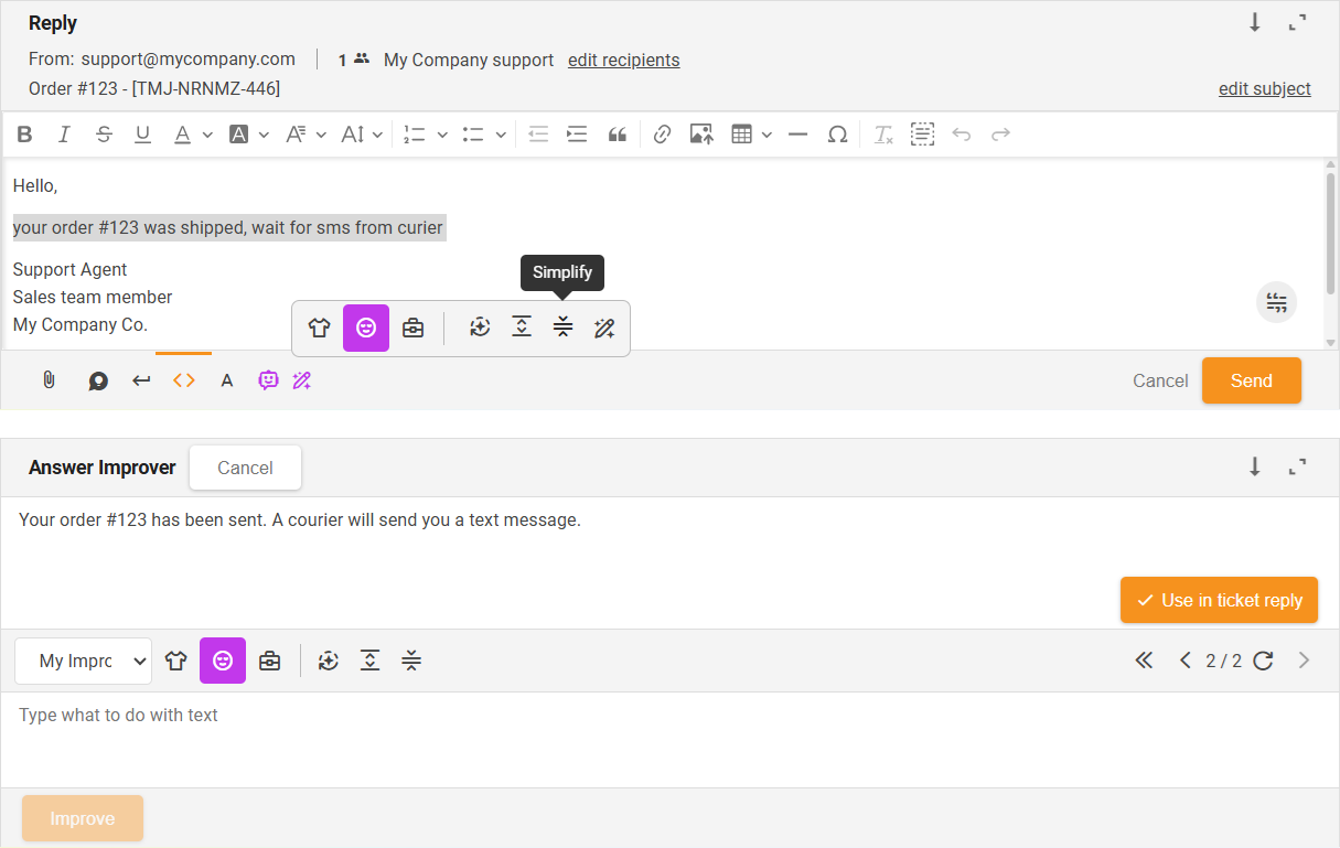 Vienkāršošanas funkcija AI atbilžu uzlabošanas rīks — saskarnes pārskats