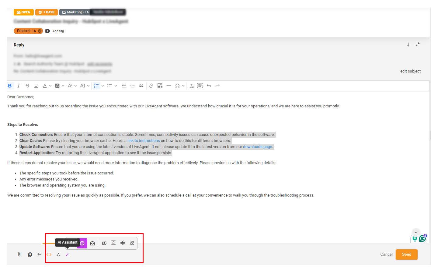 Attēls, kas parāda atbalsta biļetenu un izceltā AI asistenta funkciju