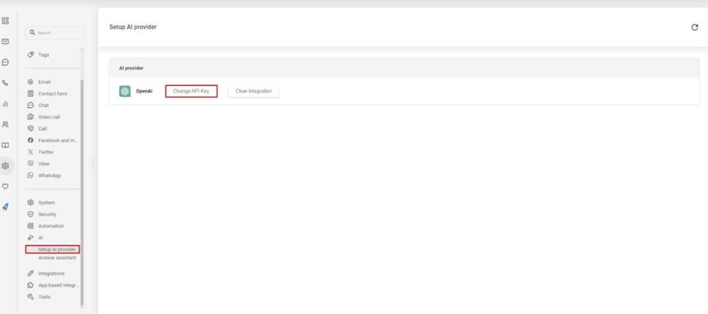 Attēls, kas parāda AI nodrošinātāja iestatījumus LiveAgent.