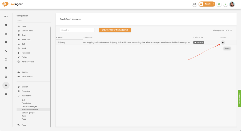 Iepriekš definētas atbildes dzēšana LiveAgent