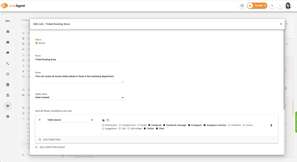 Atbildības noteikumu iestatīšana LiveAgent