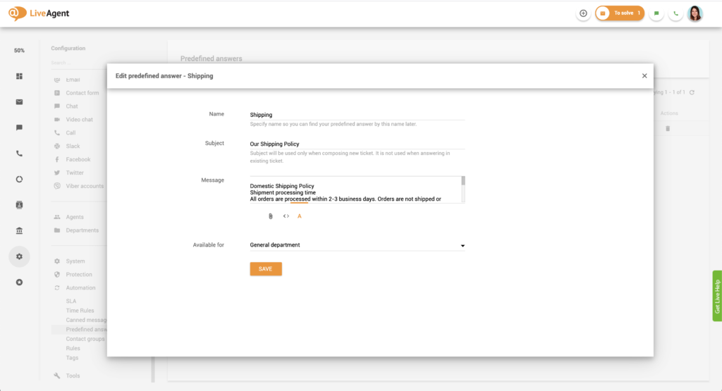 Iepriekš definēto atbilžu rediģēšana LiveAgent