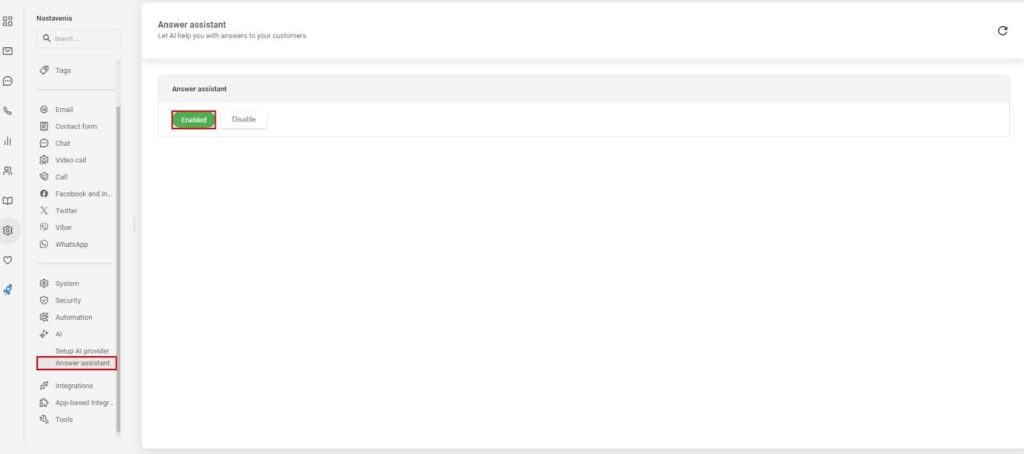 Attēls, kas parāda, kā iespējot atbildes asistentu LiveAgent