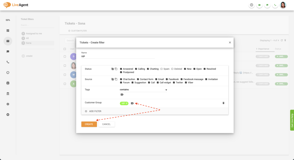 LiveAgent pievienot VIP biļešu filtru