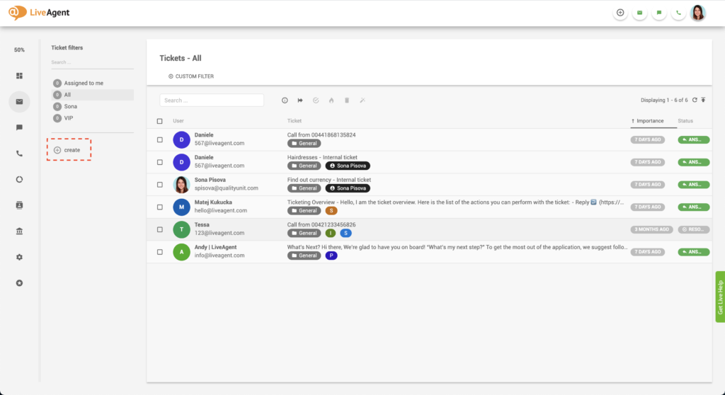 LiveAgent izveidot filtru