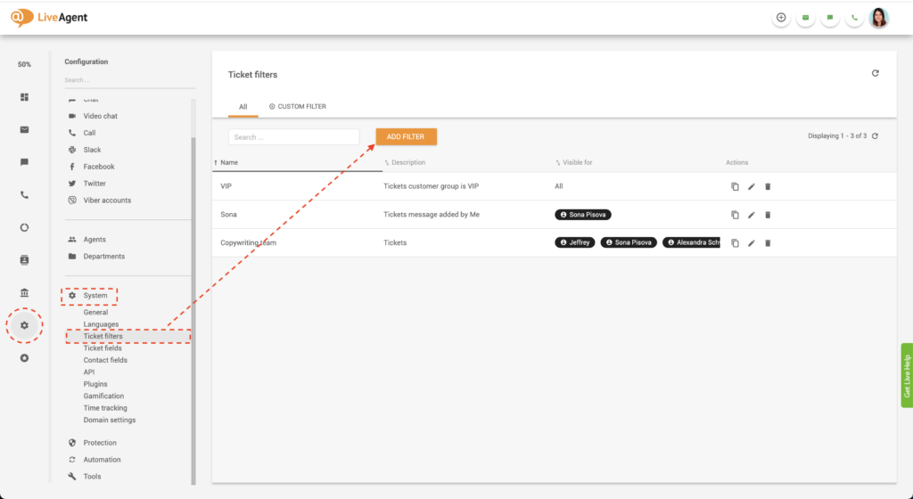 LiveAgent izveidot globālo filtru