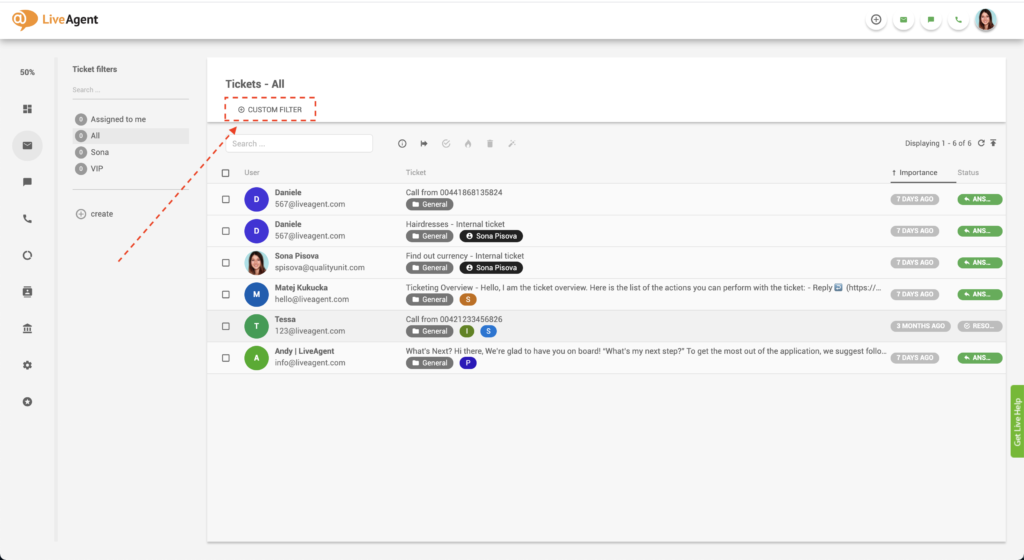 LiveAgent pielāgots filtrs