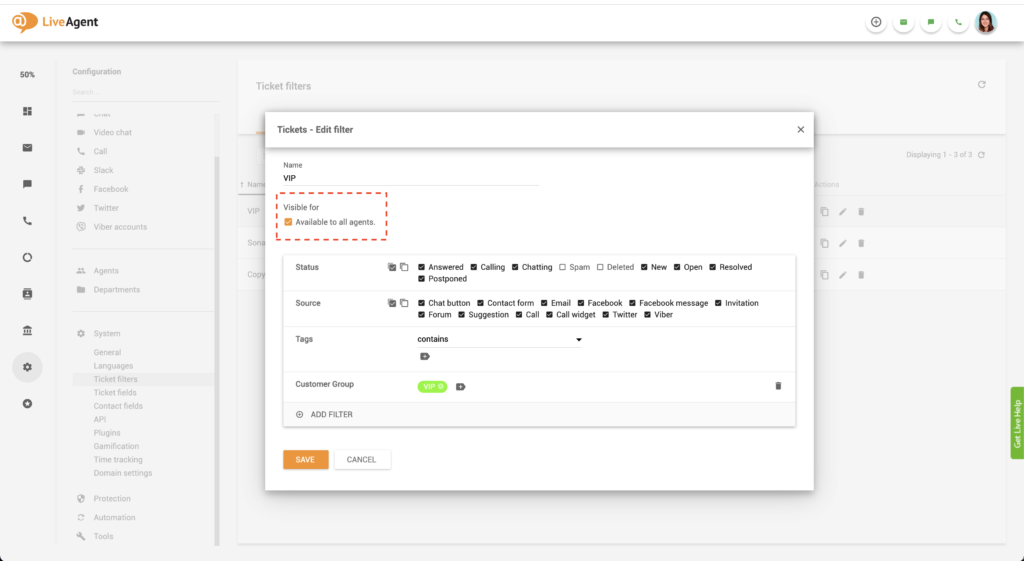LiveAgent rediģēt globālo filtru