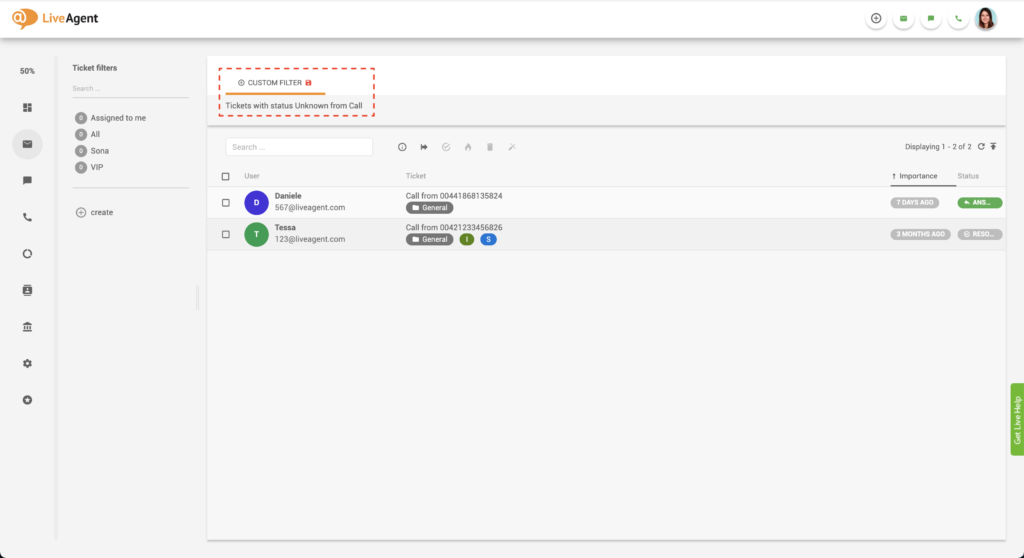 LiveAgent filtrētas biļetes
