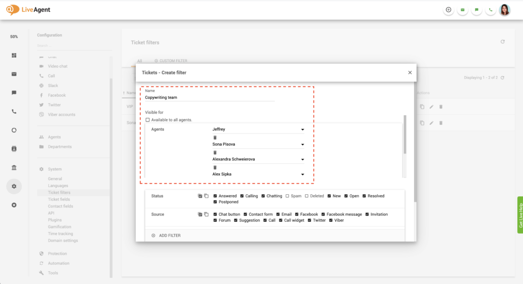 LiveAgent globālais filtrs