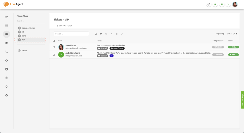 LiveAgent VIP biļešu filtrs