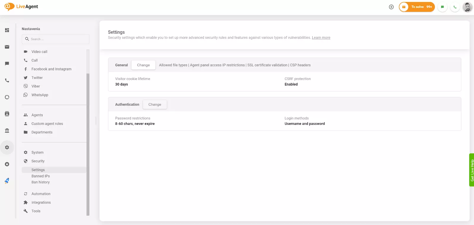 Mainīt autentifikācijas iestatījumu pakalpojumā LiveAgent