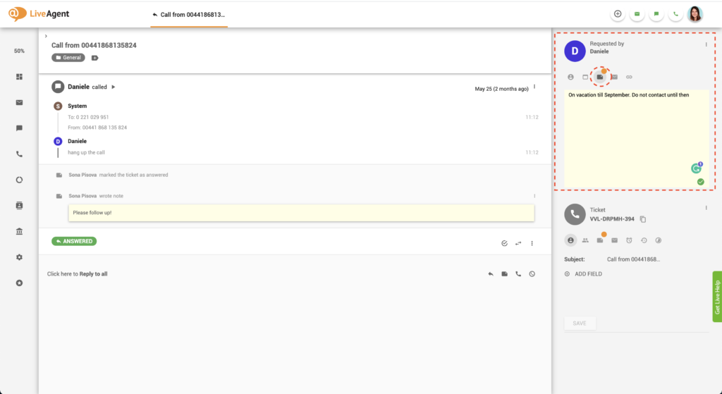 Liveagent klienta piezīme