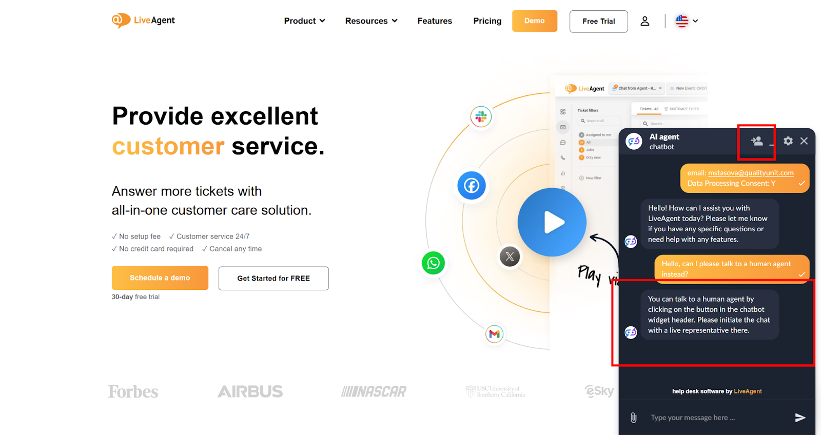 LiveAgent Chatbot cilvēka pārsūtīšanas funkcija