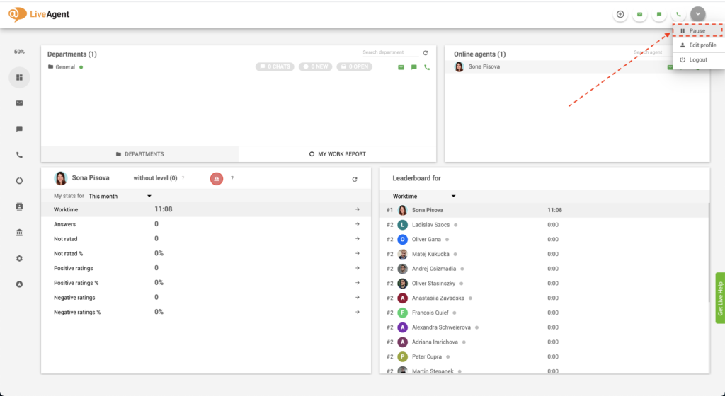 LiveAgent - pauzēšanas poga