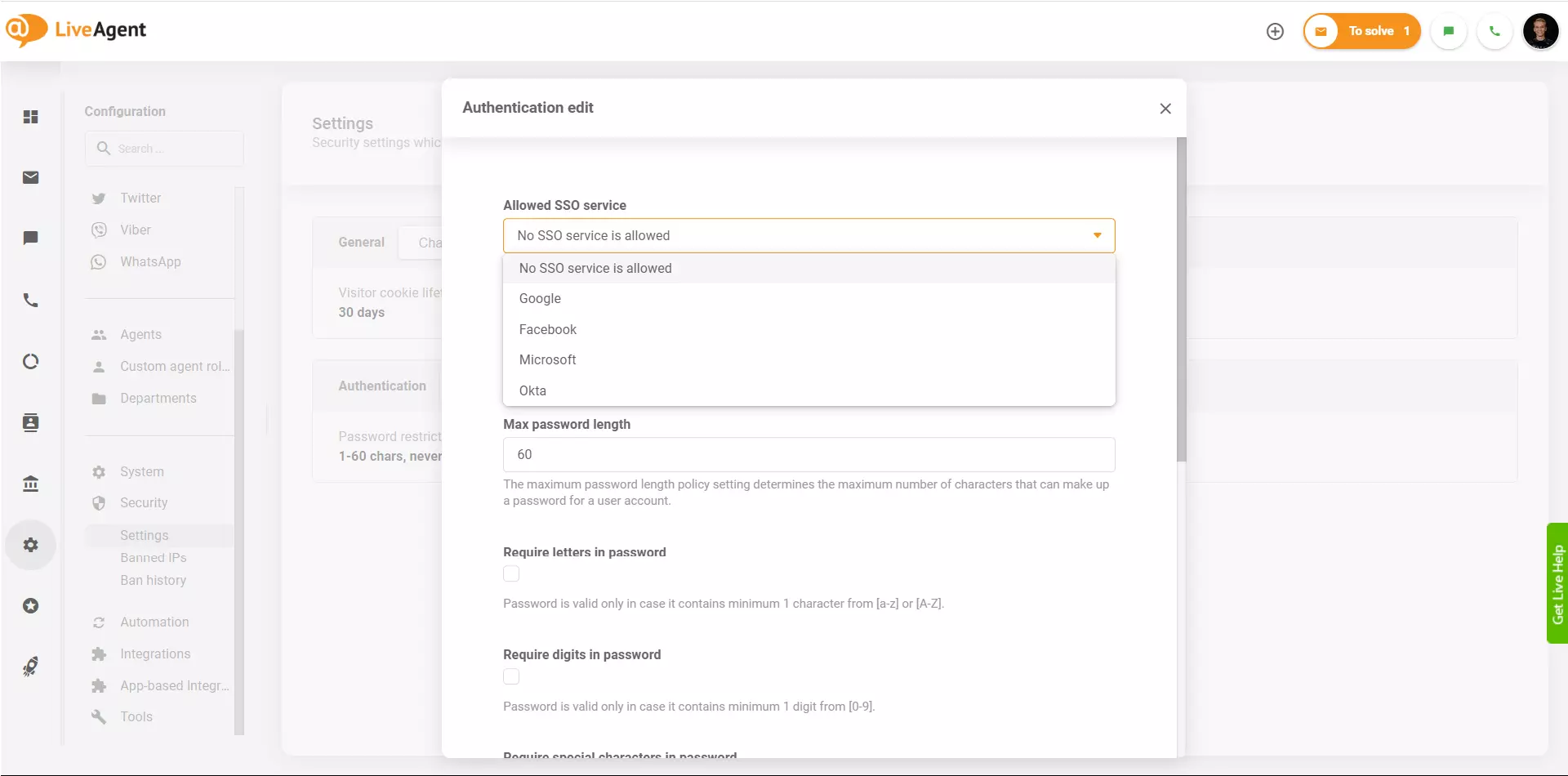 LiveAgent - SSO nodrošinātāji