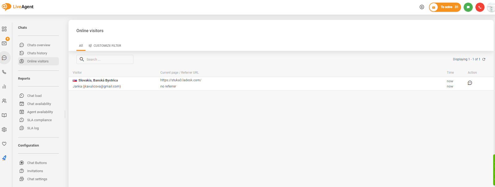 Vietnieču izsekošanas ekrānuzņēmums LiveAgent