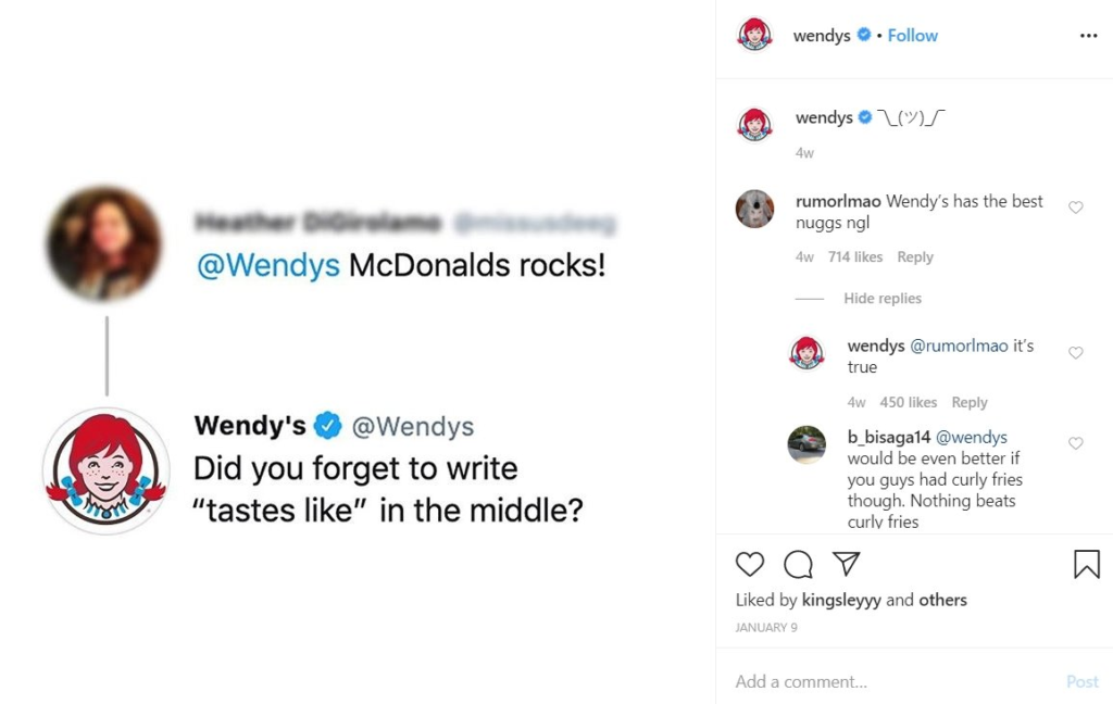 Wendy's spēcīga Instagram klātbūtne