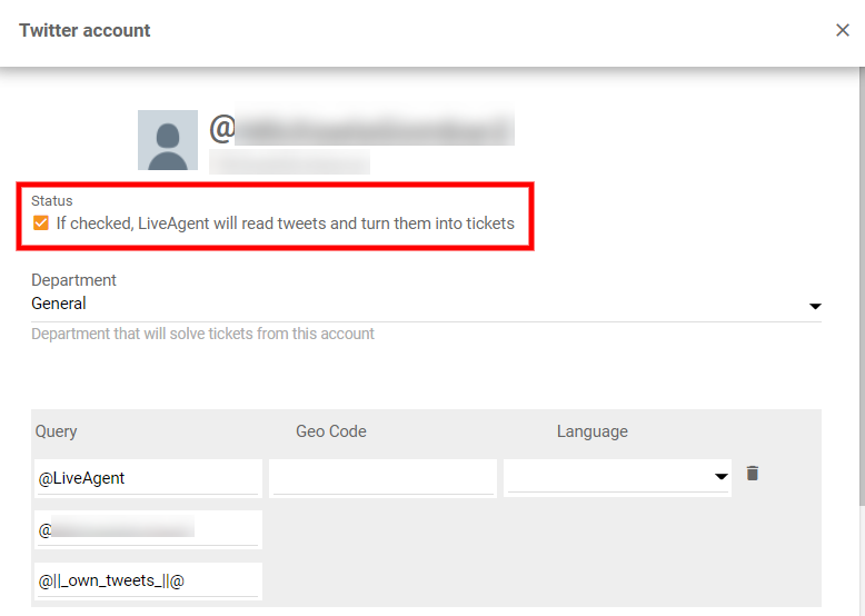 Atzīmējiet statusa izvēles rūtiņu Twitter