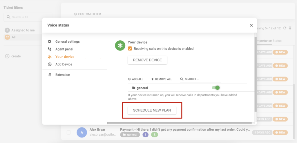 Ierīces plānošanas iestatīšana LiveAgent