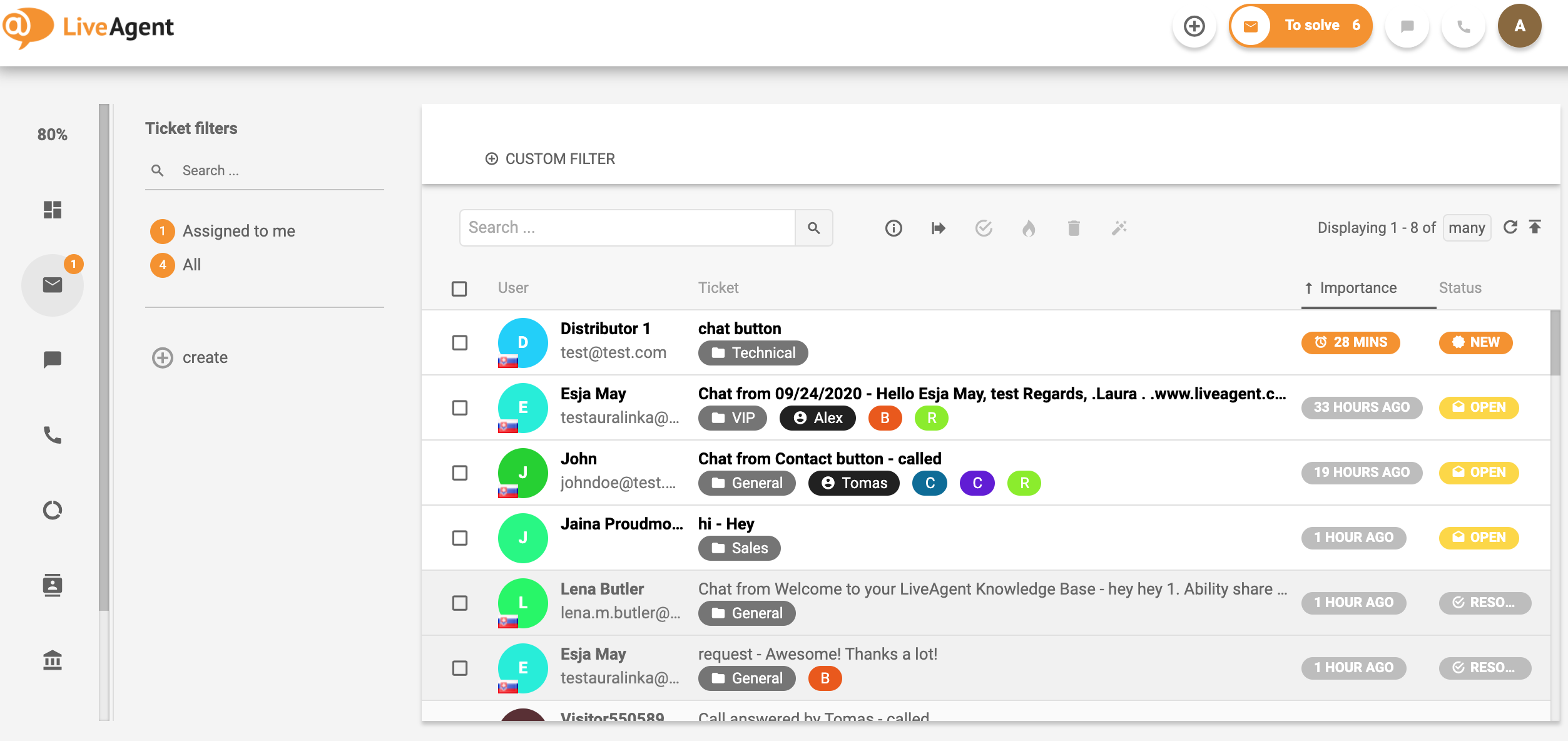 Biļešu sistēmas saskarnes pārskats LiveAgent.