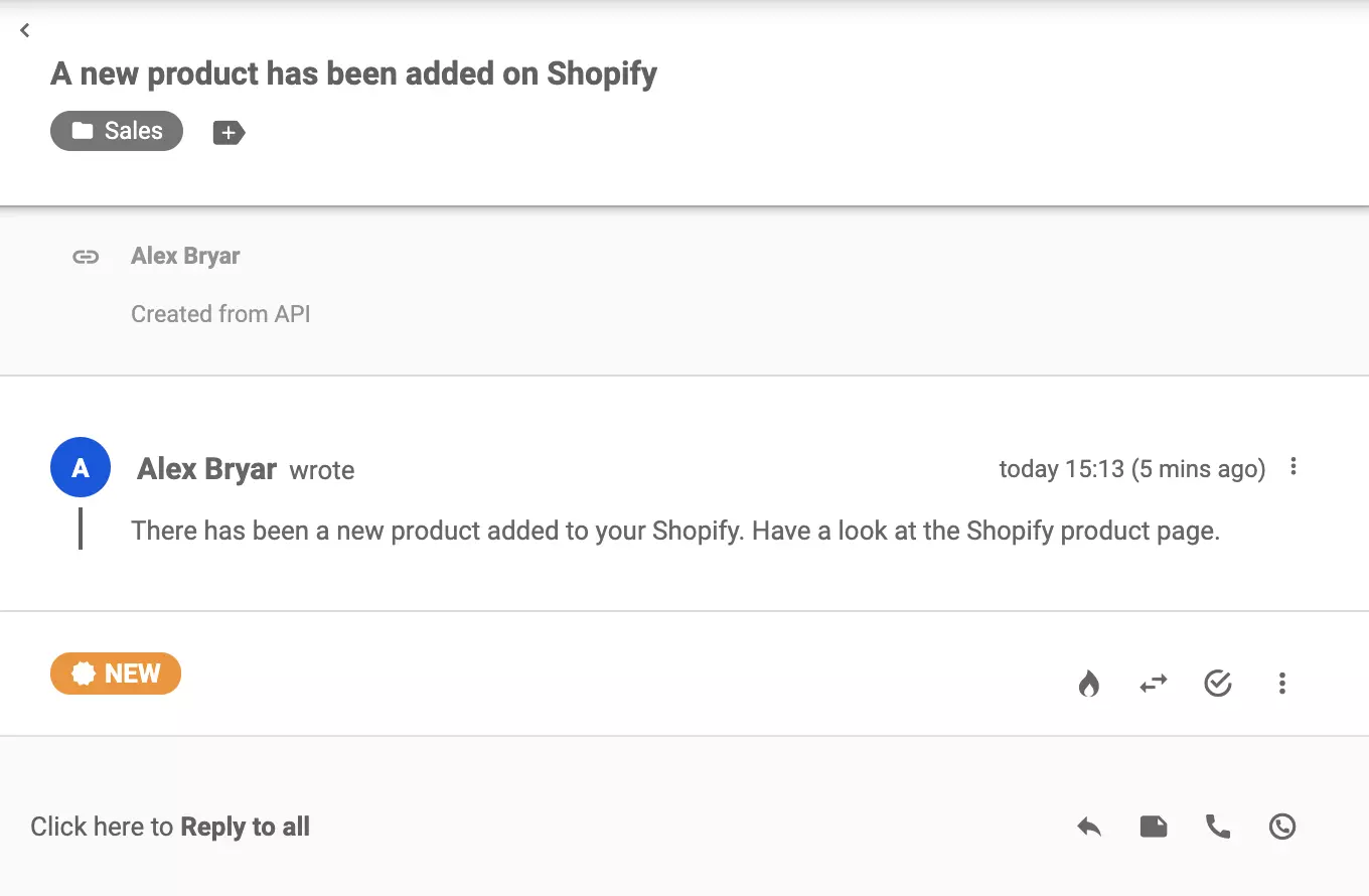 Jauna biļete, kas nosūtīta no Shopify pēc produkta izveidošanas