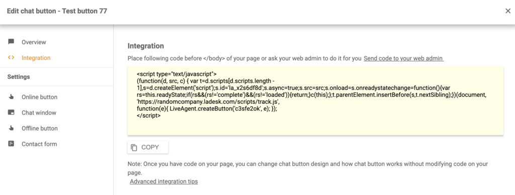Shift4shop LiveAgent integrācijas kods