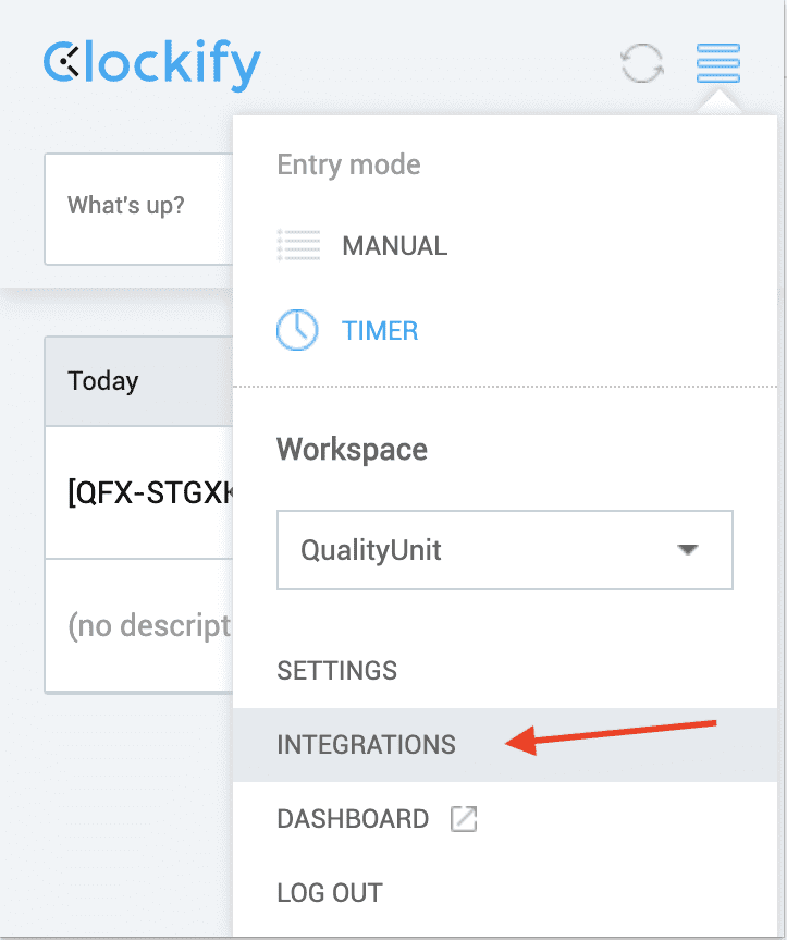 Clockify integrāciju izvēlne