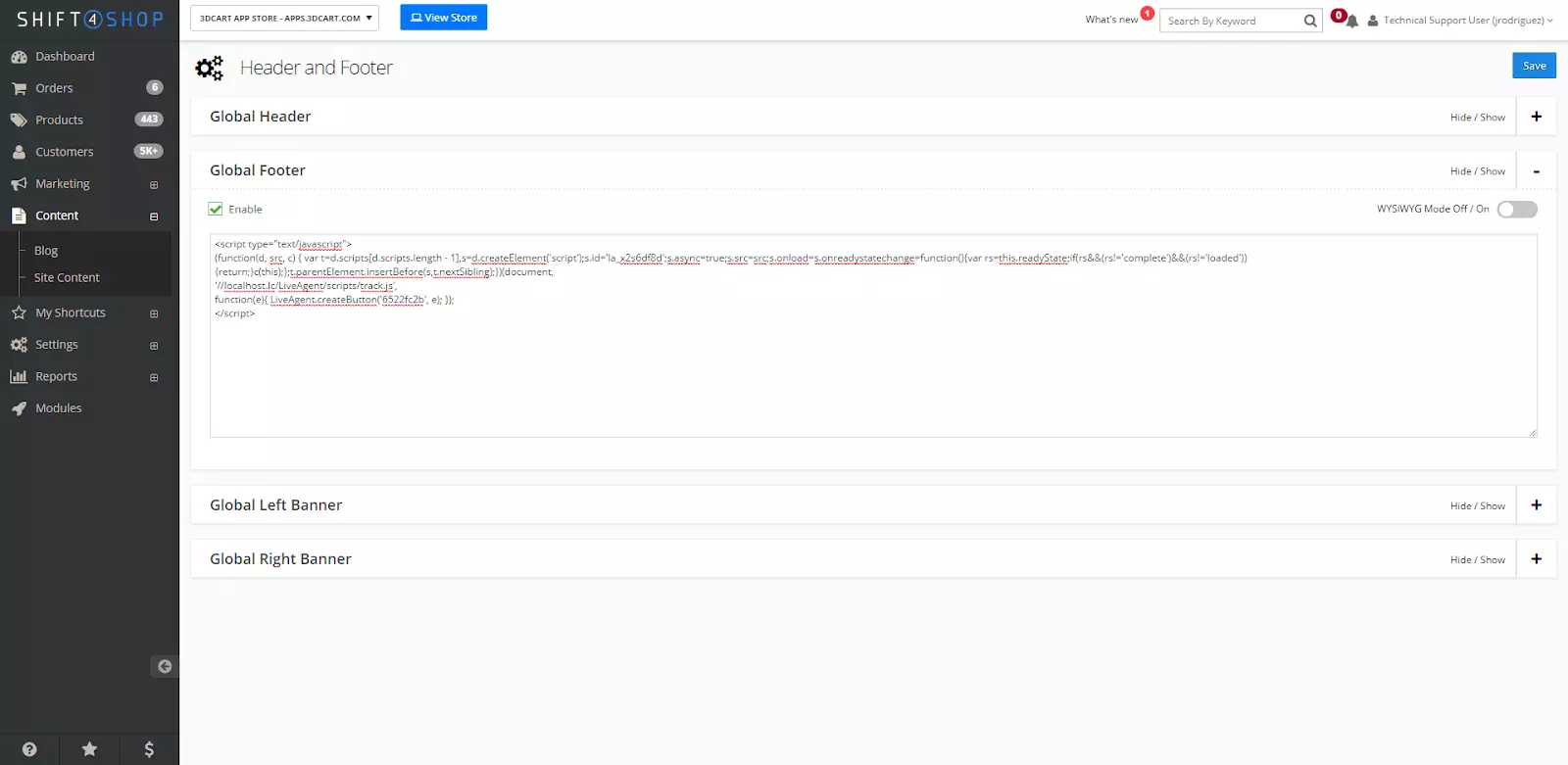Shift4Shop iestatījumi ar koda pielāgošanas opciju