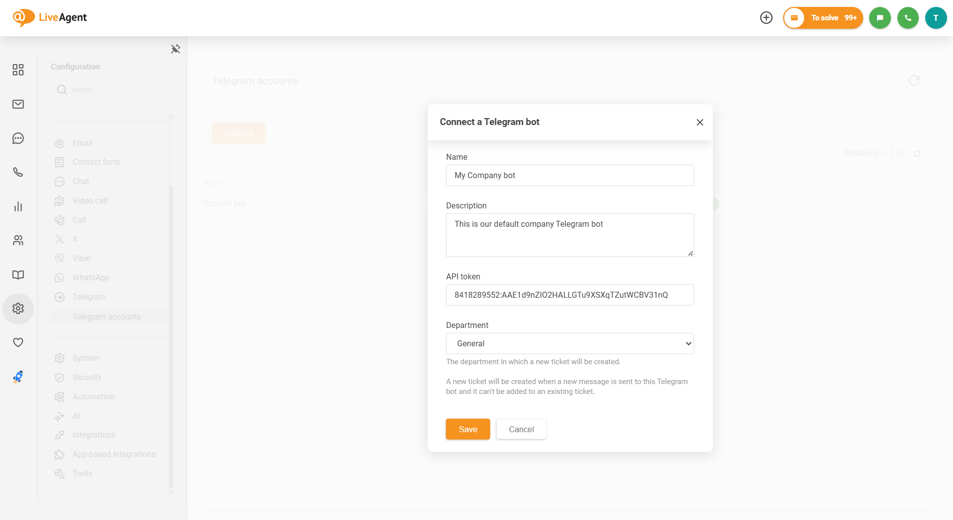 LiveAgent Telegram integrācijas ekrānuzņēmums, kā savienot botu