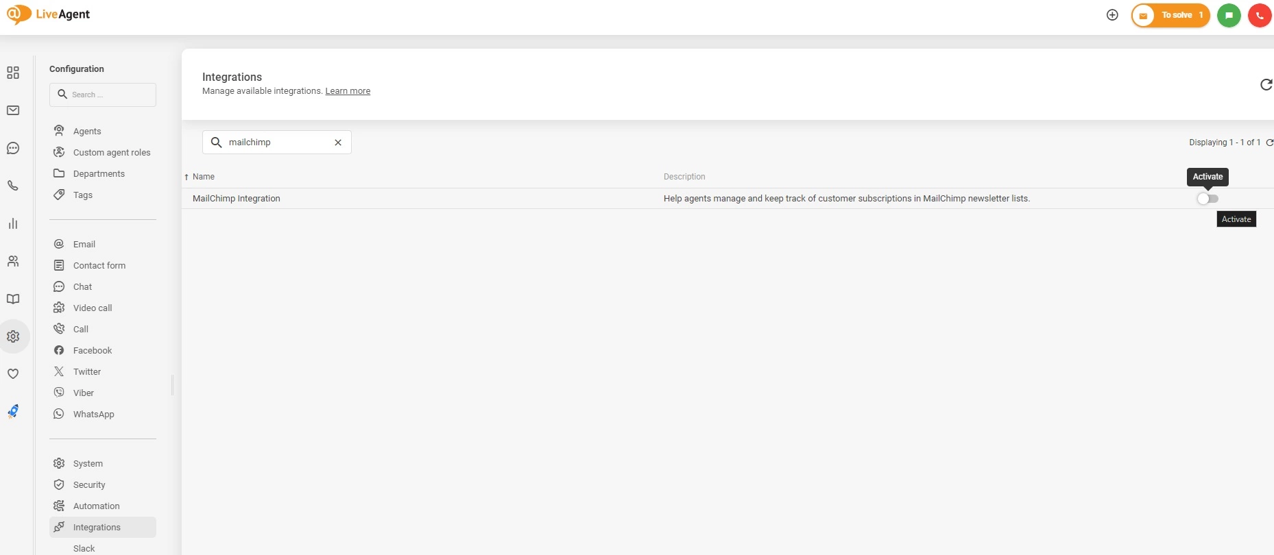 Aktivizējiet Mailchimp integrāciju LiveAgent