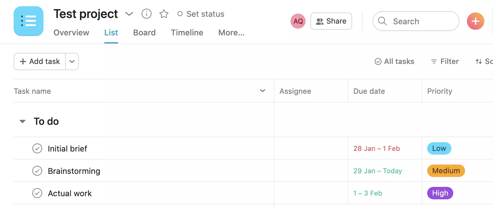Asana projekta piemērs