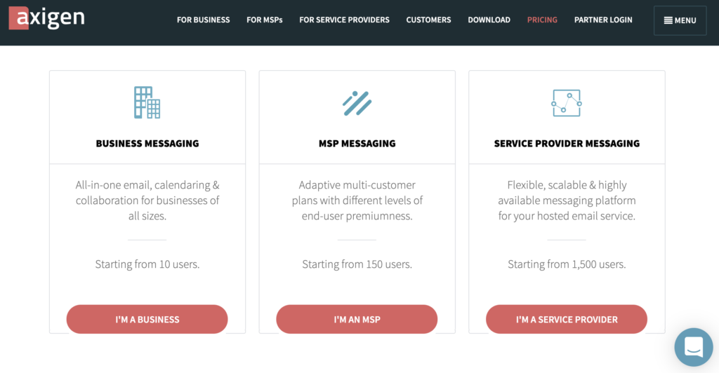 Axigen tīmekļa vietne ar cenu plāniem