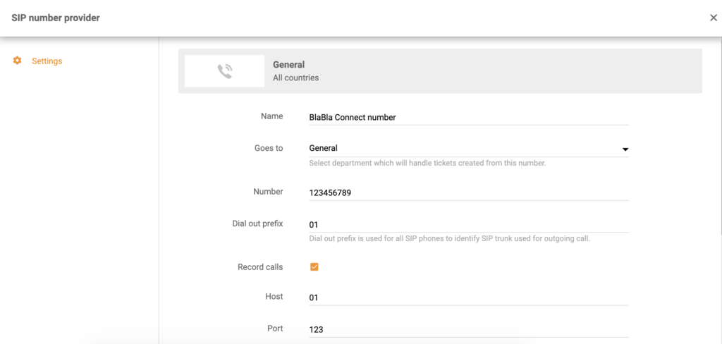 BlaBla Connect integrācijas iestatīšana LiveAgent zvanu konfigurācijā