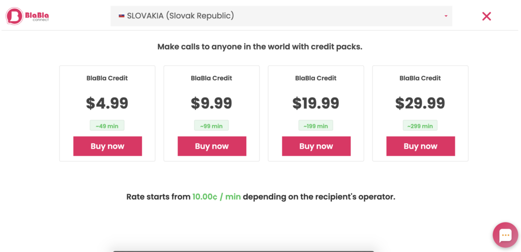 BlaBla Connect cenu plāni, kas parādīti vietnē