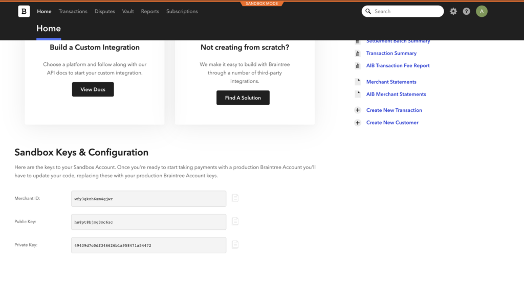 Atslēgas un konfigurācija Braintree